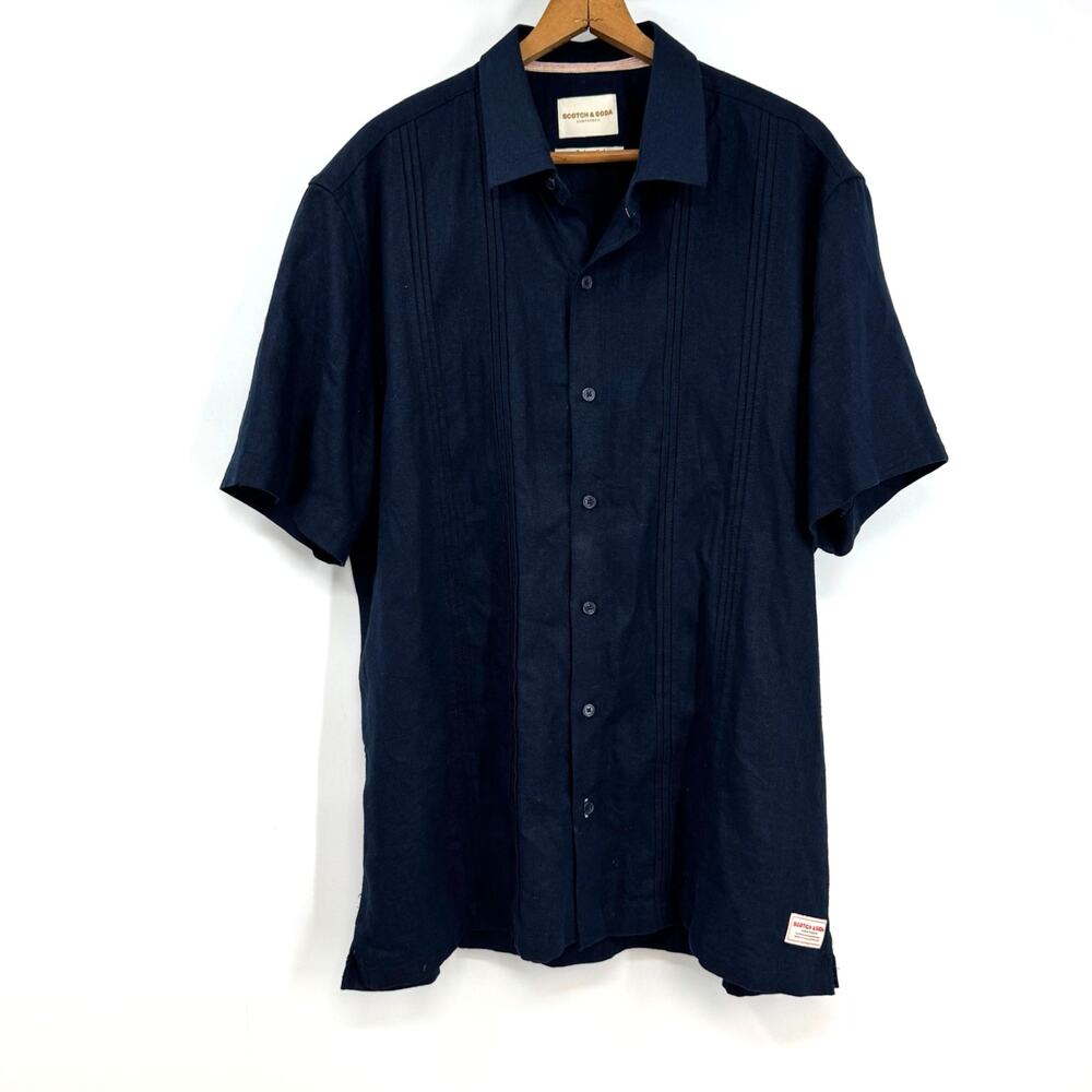 Scotch & Soda Linen Blend Button Up Shirt Men's L Navy Blue Coastal Beach Resort